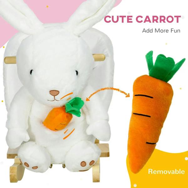 White rabbit-shaped rocking horse holding a removable carrot plush