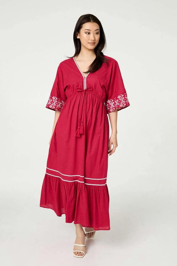 Pink | Embroidered Trim Empire Maxi Dress
