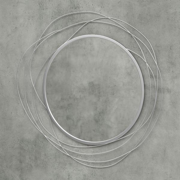 Silver round wall mirror with metal wire loop ring frame, close-up view