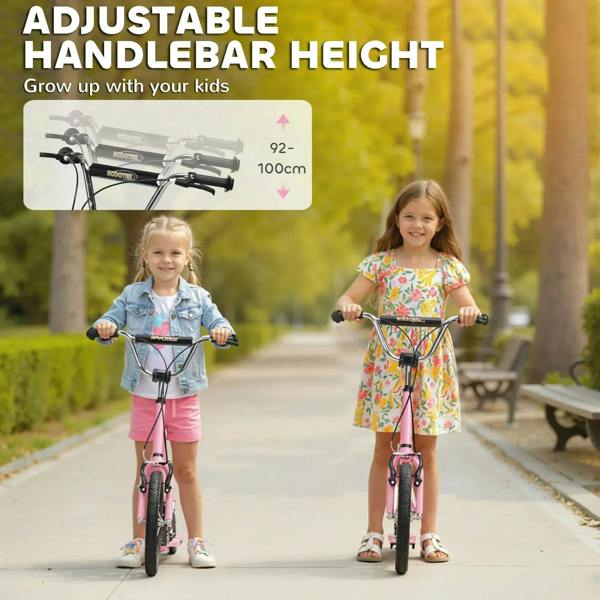 Pink kids kick scooter with adjustable handlebar and black rubber grips, outdoors