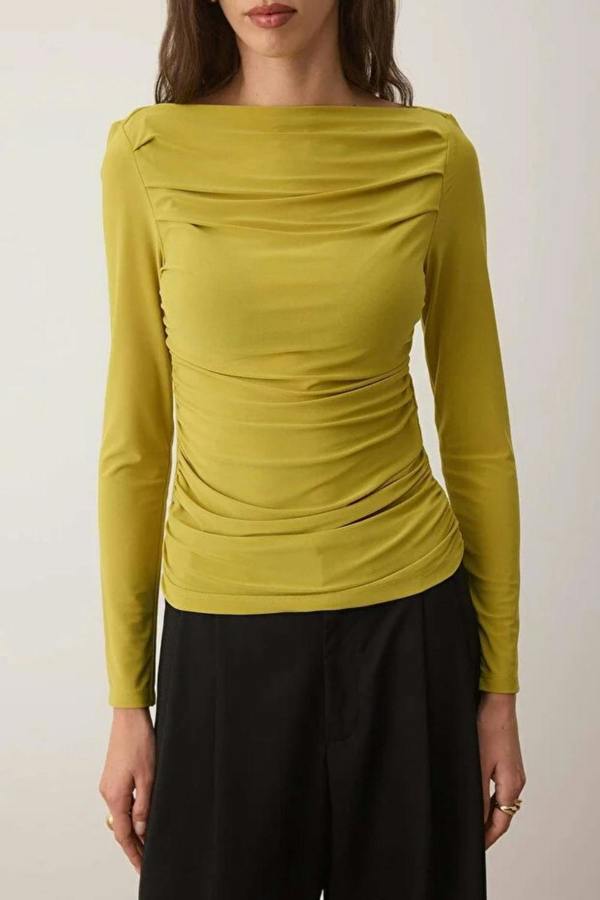 Hoxton Gal Boat Neck Draped Fitted Stretch Knit Blouse