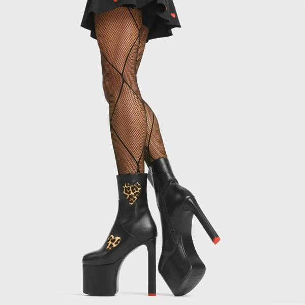 Lamoda Stay the Night Black PU Ankle Boots with Leopard Accent Stylish