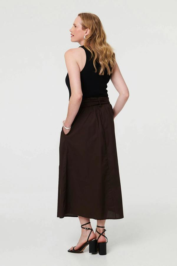 Brown | Tie High Waist Ruched Maxi Skirt