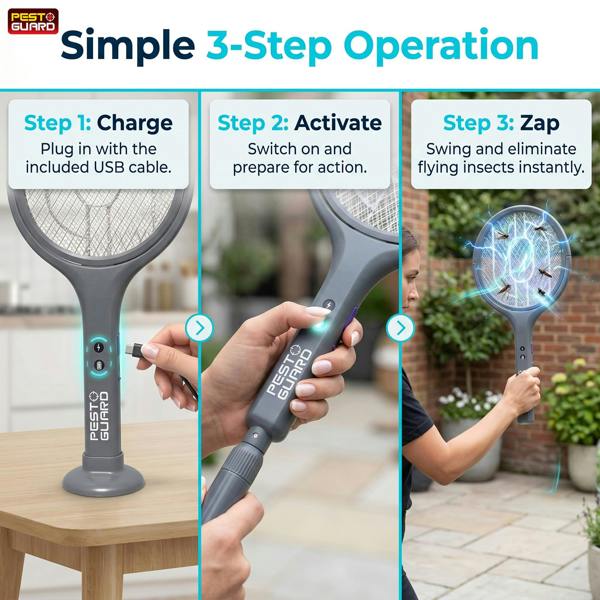 Electric Bug Zapper Telescopic Fly Swatter Racket - USB Type C Rechargeable with Rotatable Head For Mosquito & Flying Insect Control
