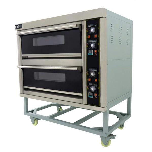 KuKoo large commercial pizza oven with two baking chambers, stainless steel finish, control panel, and sturdy wheeled base