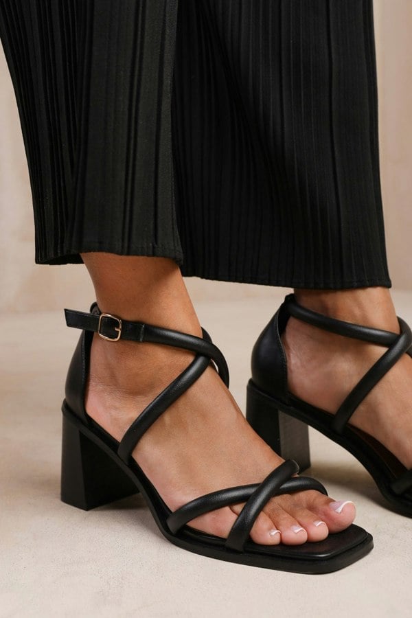 Where's That From Illinois Cross Over Multi Strap Heels in Black Faux Leather