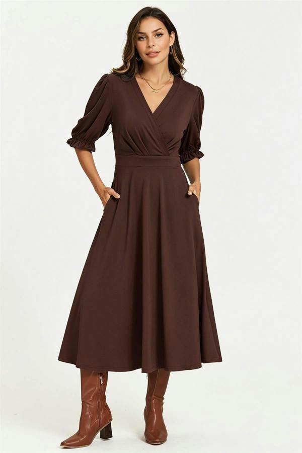 FS Collection Half Sleeves Jersey Midi Dress with Wrap Neckline In Chocolate