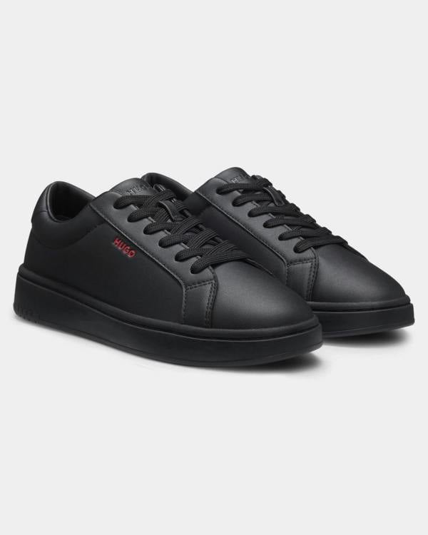 HUGO Neston Mens Contrast-Logo Trainers in Faux Leather - Black 003 | CHO | Designer Mens Trainers