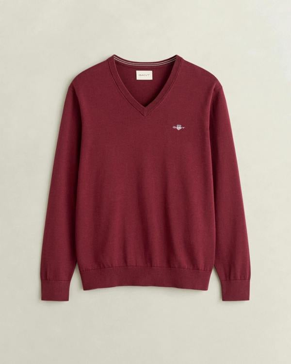 GANT Mens Classic Cotton Shield Logo V - Neck Jumper - 676 Deep Grape Wine | CHO | Designer Mens V - Neck Jumpers
