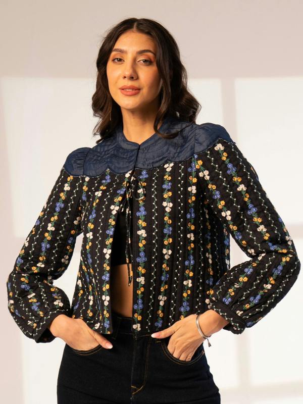 Rose & Nancy Kiri Black Floral Printed Scalloped Jacket