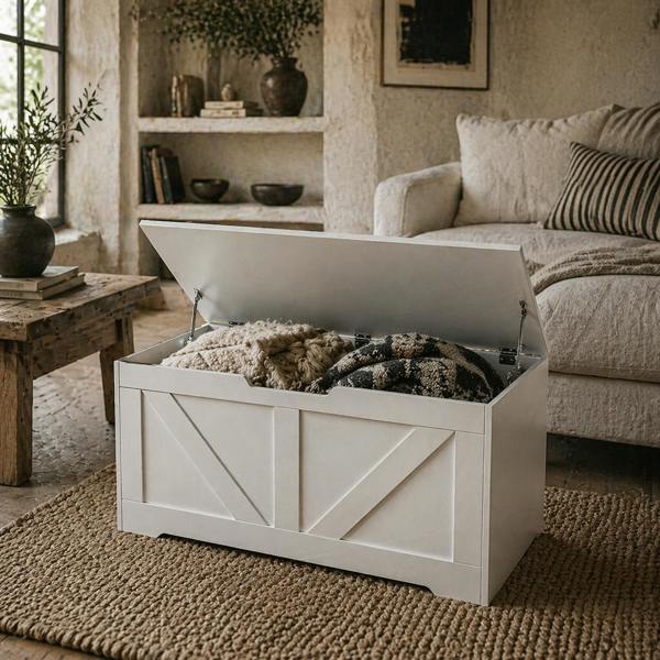 Wyld Haus Kamari White Wood Farmhouse Storage Chest Safety Hinges 100 Litre