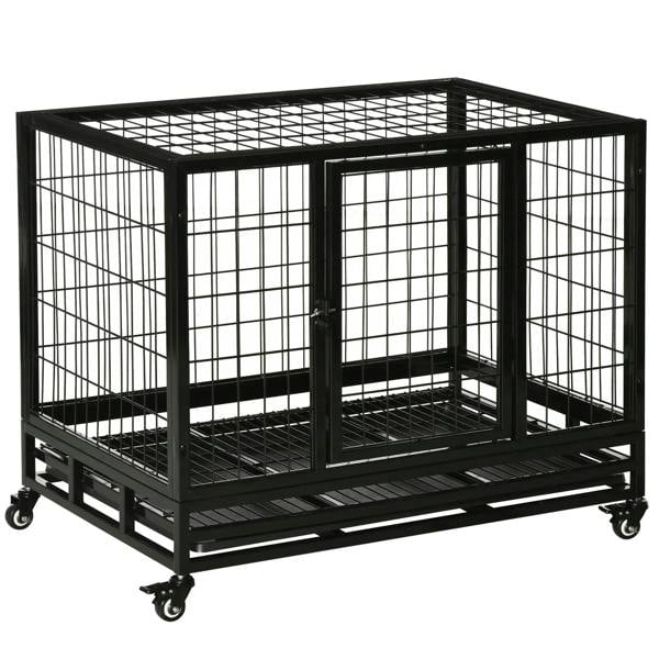 Black heavy-duty metal dog crate with tray and front door, wheeled base