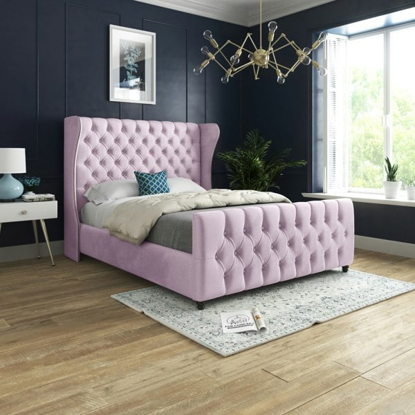 Casa Magna Donati Straight Curved Top Upholstered Soft Velvet Bed Frame - Pink