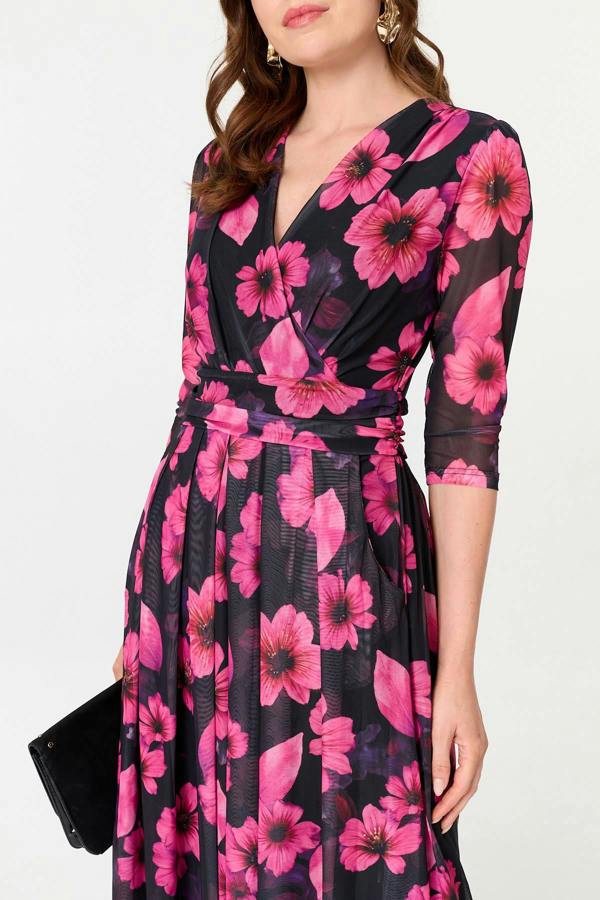 Black | Floral Pleated V-Neck Wrap Midi Dress