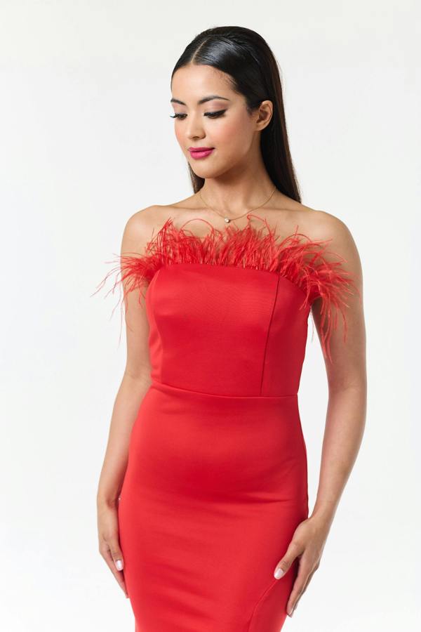 LuvForever Red Bandeau Side Slit Maxi Dress