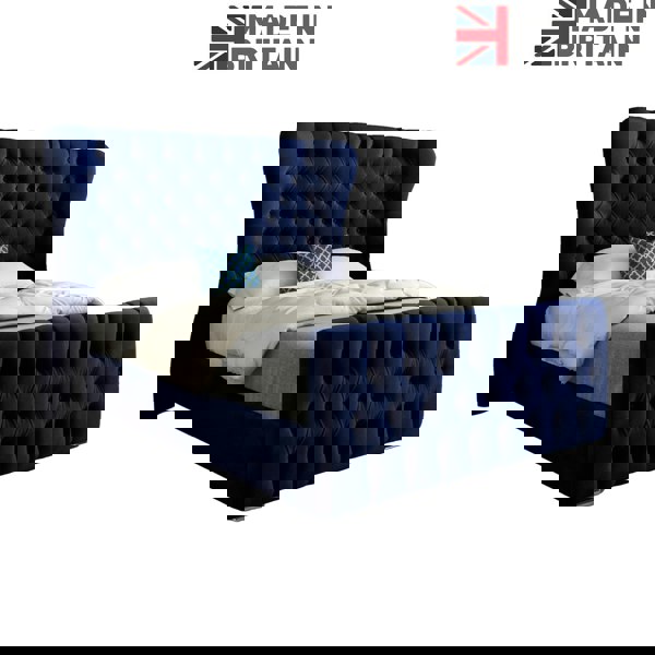 Casa Magna Parma Wide Curved Winged Upholstered Soft Velvet Bed Frame - Blue