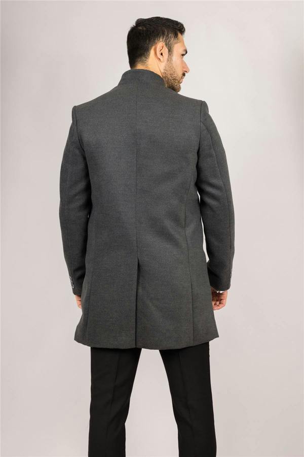 Infinity Leather Men's Grey Stand Collar Wool Blend Overcoat