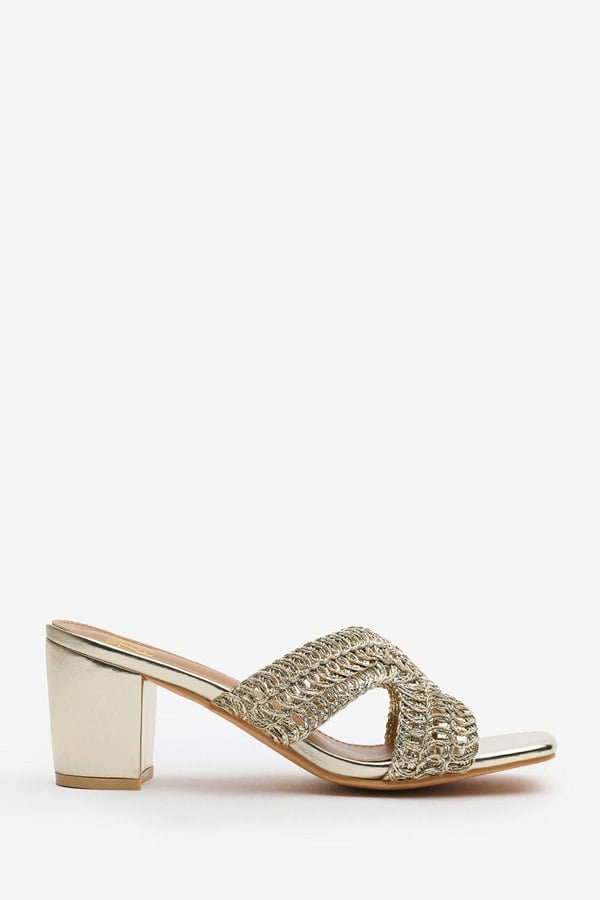 Where's That From Summer Woven Strap Block Heel Slides in Gold Metallic Faux Leather
