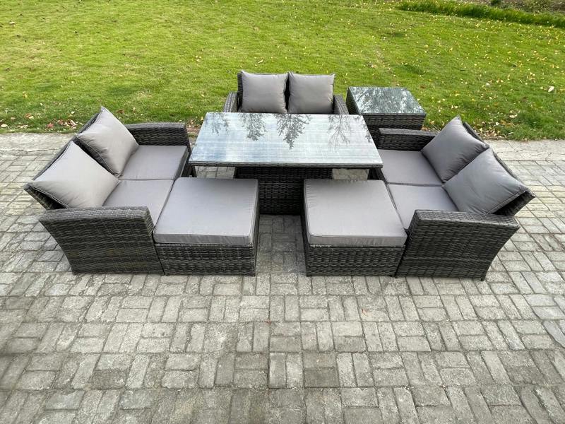 Fimous Wicker PE Rattan Garden Set, Adj Height Table Sofa Dining, Double Seat Sofa, 2 Big Footstools and Side Table, Dark Grey Mixed