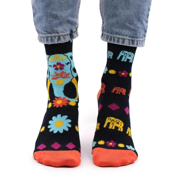 Kids bamboo socks, black with colorful elephant and flower prints, orange cuff and toe