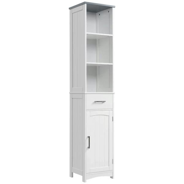 White slim freestanding bathroom cabinet with open shelves and lower door cupboard