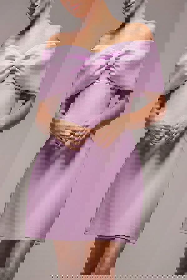 Front Bow Off The Shoulder Mini Dress - Lilac DR4613