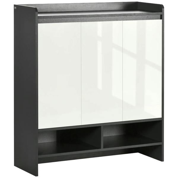 Grey shoe cabinet with white gloss doors and open shelves, wide hallway storage