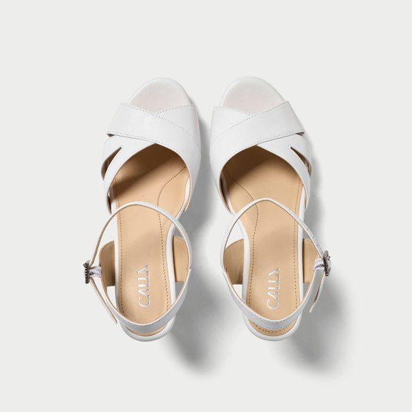 Calla Emily Shoes - White Leather with Diamante Buckle