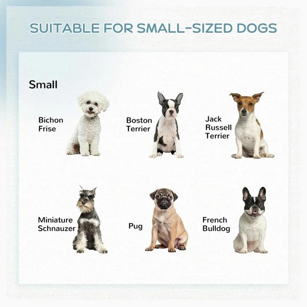 Grey dog playpen size suitability graphic showing small dog breeds