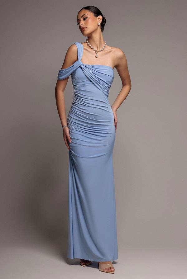 One Shoulder Asymmetric Twist Maxi Dress - Blue DR5089