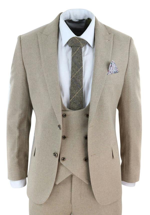 TruClothing Mens Tweed 3 Piece Beige Formal Wedding Suit