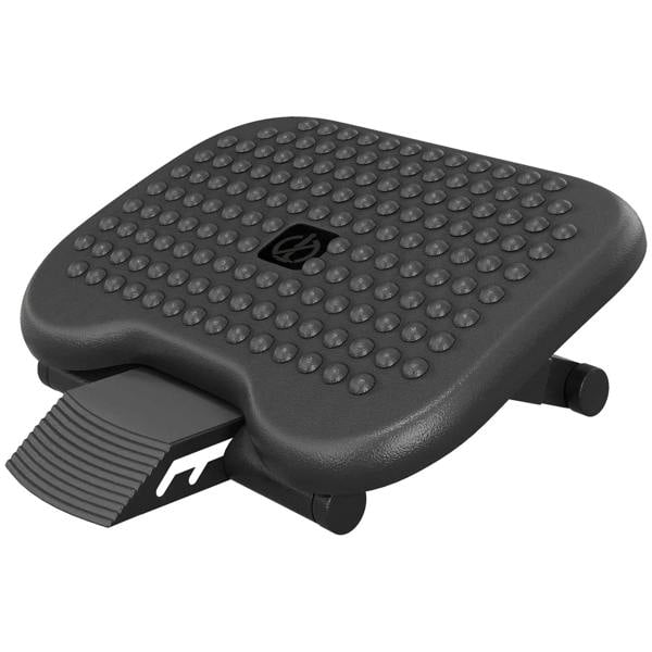 Black adjustable footrest with studded top and tilting platform base knob