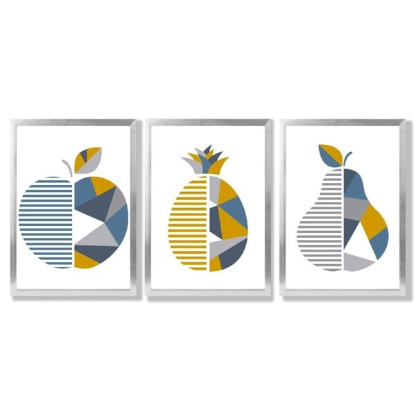 Artze Wall Art Set of 3 Blue & Yellow Geometric Fruit Framed Prints