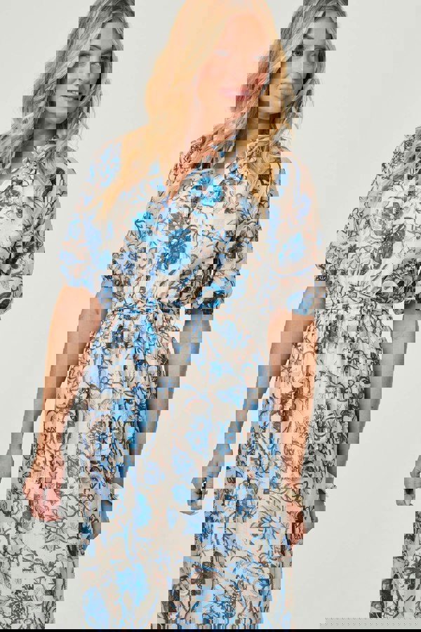 Blue | Floral Lace Trim Tie Waist Midi Dress
