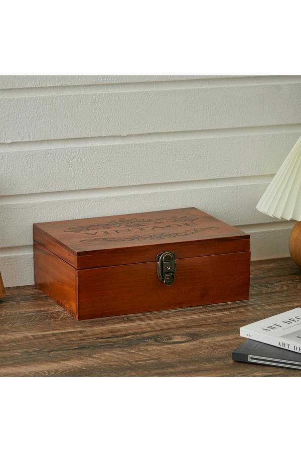Living and Home Vintage Wooden Storage Box with Hinged Lid and Lock Clasp