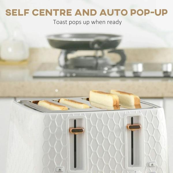 White four-slice toaster with center pop-up toast, paired with white electric kettle