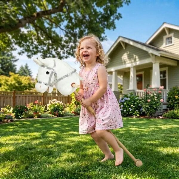 Hobby Horse with Wood Wheels, Stick Horse with Grip Handle, Hoofbeats Neighing, Gift for Imaginative Play, 95 cm, White - White