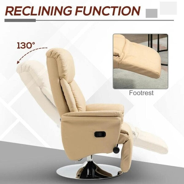 Adjustable Swivel Recliner, Manual Recliner Chair with Footrest, Padded Arms, PU Leather Upholstery, Beige