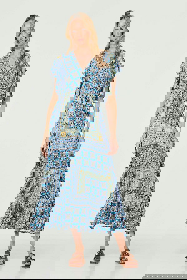 Blue | Printed Frill Sleeve Maxi Dress