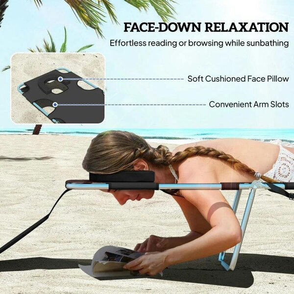 Foldable Sun Lounger, Beach Chaise Lounge - Reading Hole, Arm Slots, 5-Position Adjustable Backrest, Side Pocket, Pillow for Garden, Black