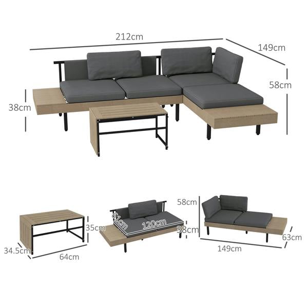 Wyld Haus Vivino Metal Grey 3 Piece L Shaped Outdoor Garden Sofa Set with Coffee Table and 2 Side Tables