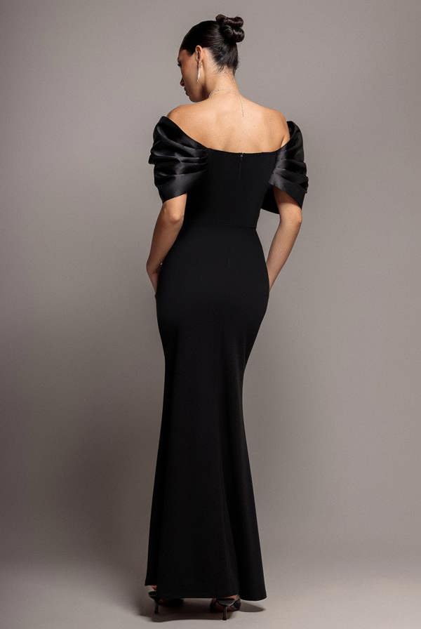 Satin Plunge Neck Bardot Scuba Maxi Dress - Black DR5040