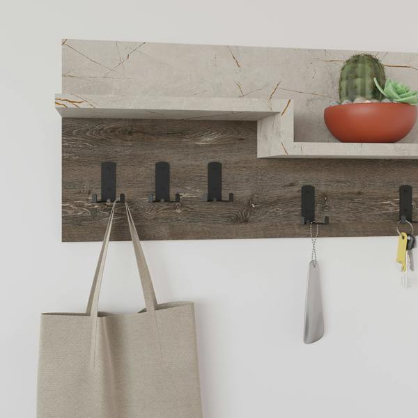 Decortie Harmon Modern Wall Mounted Coat Hanger with Open Shelf 5 Metal Hooks