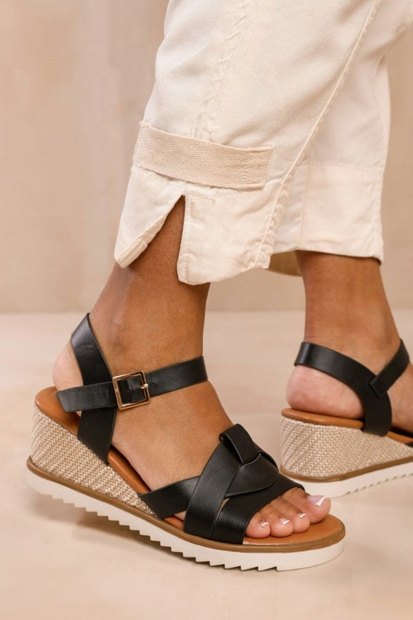 Where's That From Sydney Wedge Shoes With Front Strap Detail in Black Pu