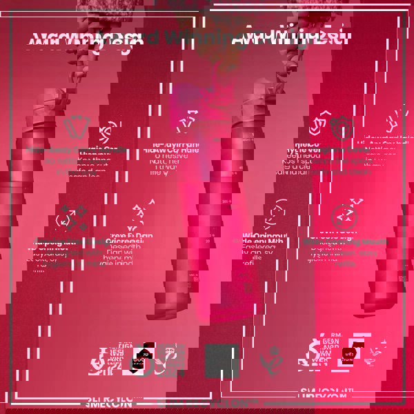 A pink water bottle is being held; it has a hide-away handle, hygiene cover, and wide mouth. The bottle is award-winning, with a crevice-free design for hygiene. The text also states: "GERMAN DESIGN AWARD WINNER 2024", "GOOD DESIGN", and "SLIM RECYCLON™".