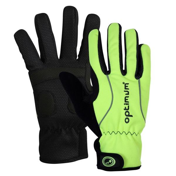 Fluorescent yellow and black full-finger winter cycling gloves pair, back and palm shown, on white - Optimum