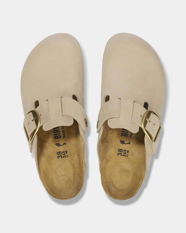 Birkenstock Boston Big Buckle Nubuck Leather Womens Clogs - Sandcastle