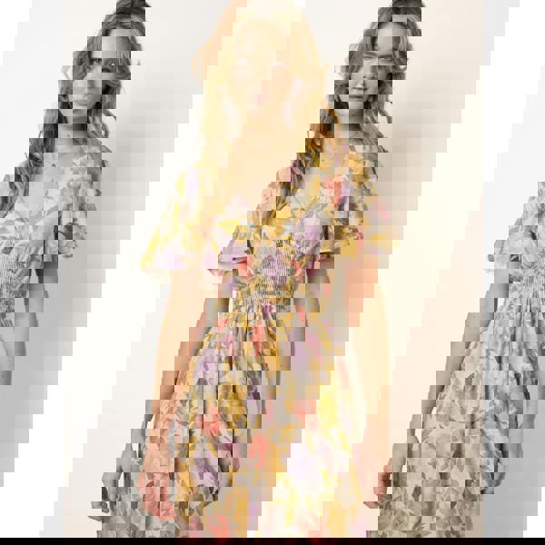 Blue Vanilla Floral Print Angel Sleeve Midi Dress