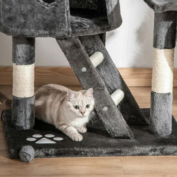 Dark grey plush cat tree resting base with diagonal ramp and sisal-wrapped support posts