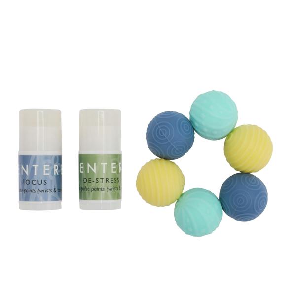 Focus and de-stress mini balm are next to colorful stress balls.